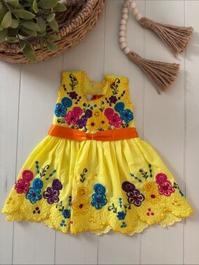 Baby Girl Bright Yellow Floral Embroidered Dress with Orange Sash